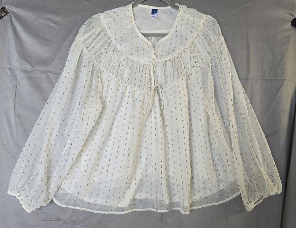 Old Navy Blouse Womens XL White Gold Metallic Dot Sheer Tunic Peasant Boho Top